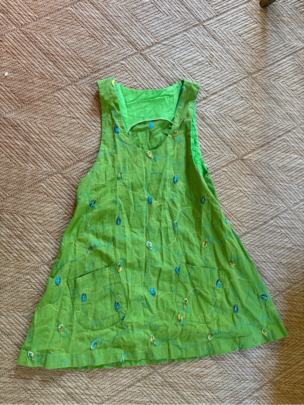 Vintage Bespoke Handmade Green Embroidered Pinafore Jumper Dress